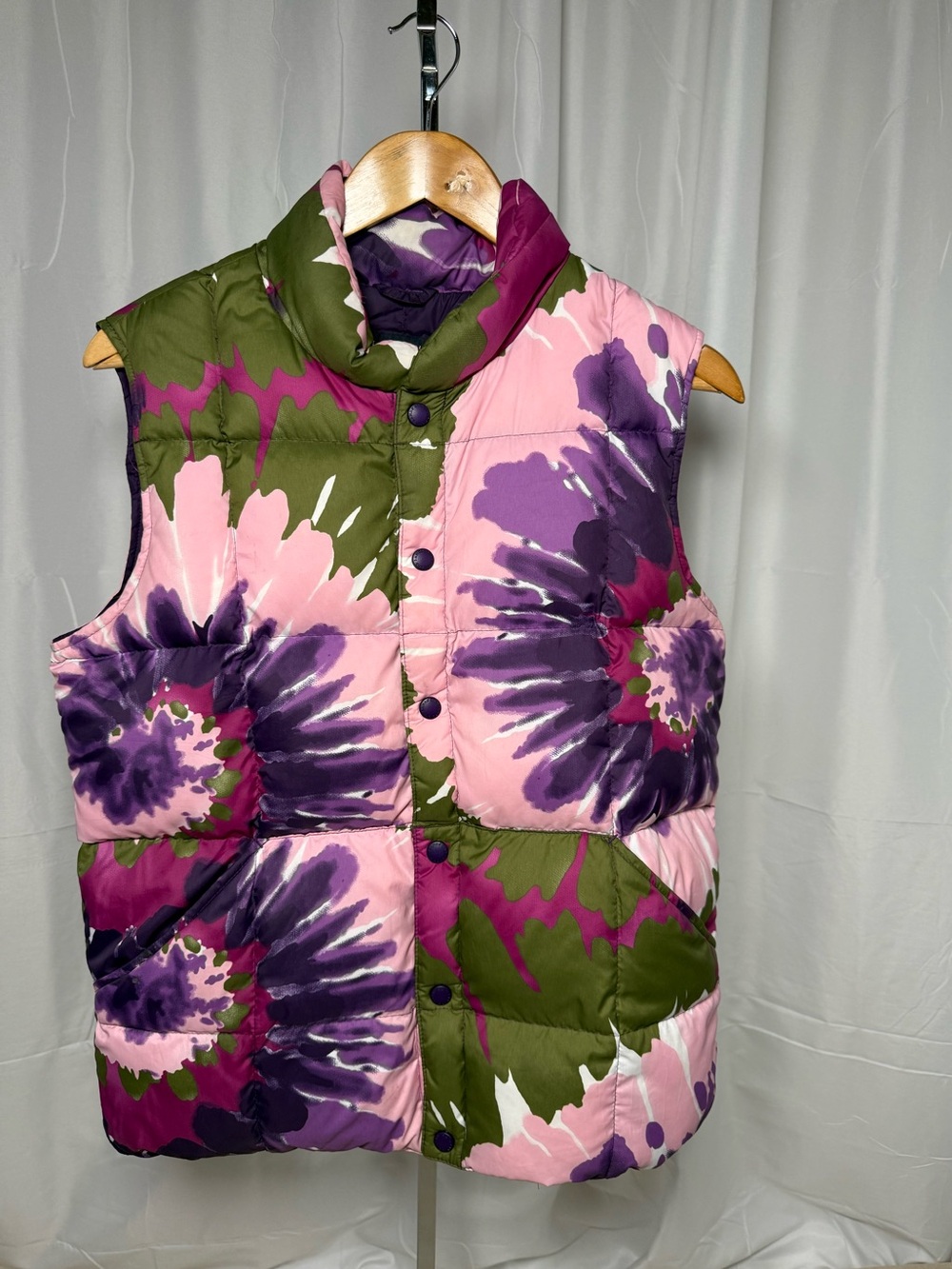 Lands End Girls Down Puffer Vest Large 14-16 Pink Purple Green Tie Dye Puffy EUC